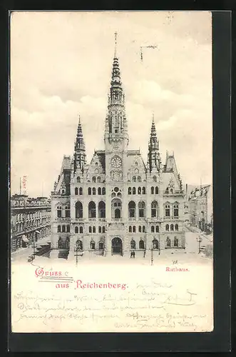 AK Reichenberg / Liberec, Rathaus am Marktplatz