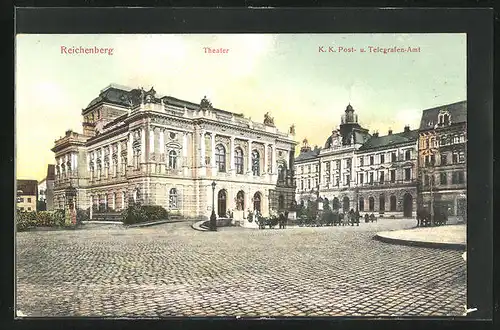 AK Reichenberg / Liberec, K. K. Post- und Telegrafen-Amt und Theater