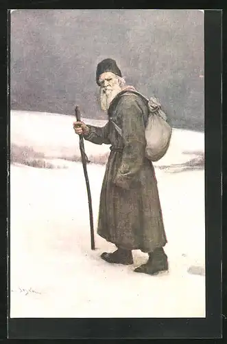 Künstler-AK Tolstoi stapft durch den Schnee