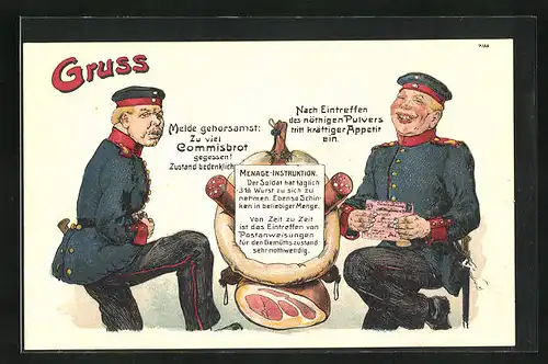 Künstler-AK Bruno Bürger & Ottillie Nr. 7156: Zwei Soldaten mit Würsten und Lebensmittelmarke