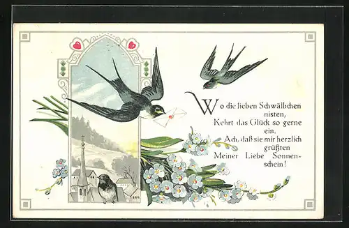 Künstler-AK Schwalben mit Brief