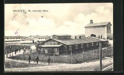 AK Milowitz / Milovice, Vojensky tábor, Gebäude auf dem Truppenübungsplatz
