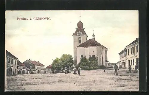 AK Cerhovice, Marktplatz mit Kirche