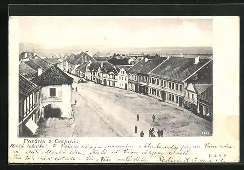 AK Cerhovice, Blick vom Kirchturm auf den Marktplatz