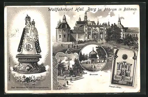 Lithographie Heil. Berg bei Pribram in Böhmen, Kirche, Haupt-Altar, Brunnen