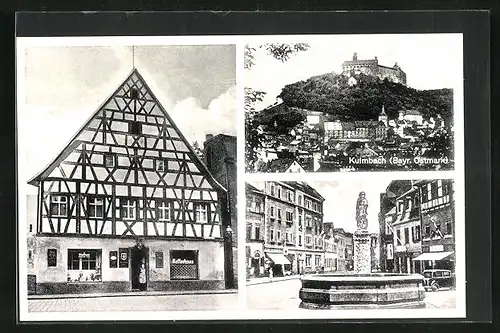 AK Kulmbach /Bayr. Ostmark, Konditorei & Café Zeuner, Brunnen, Teilansicht