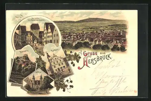 Lithographie Hersbruck, Torpartie vom Markt aus gesehen, Schloss, RAthaus