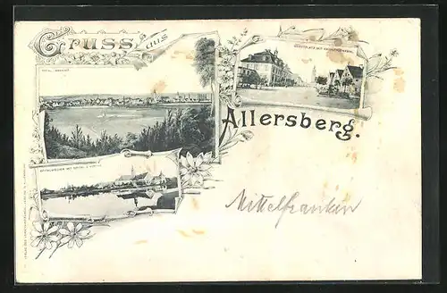 AK Allersberg, Totalansicht, Marktplatz mit Kriegerdenkmal, Spitalweiher mit Spital & Kirche