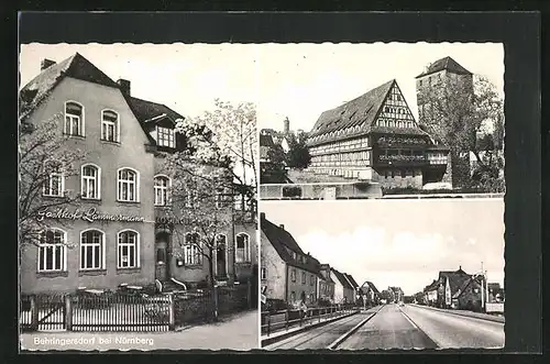 AK Behringersdorf bei Nürnberg, Gasthof Lämmermann, Lauferstrasse 18, Fachwerkhaus, Strassenpartie mit Gebäudeansicht