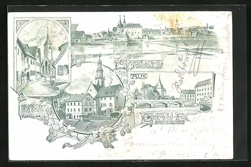 Künstler-AK Lauf, Strassenpartie mit Gebäudeansicht, Kirche, Brücke
