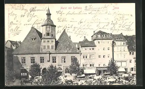 AK Jena, Markt mit Rathaus und Geschäften