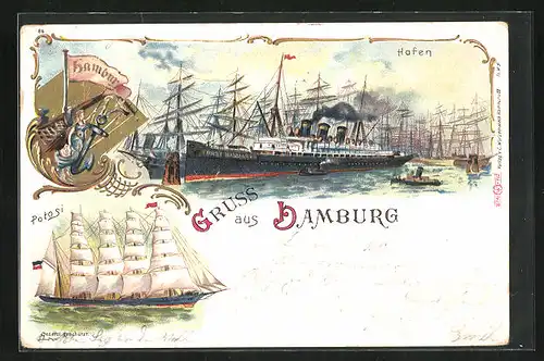 Lithographie Hamburg, Hafen mit Dampfschiff Fürst Bismarck, Segelschiff Potosi