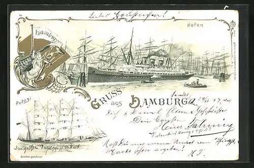 Lithographie Hamburg, Hafen mit Dampfschiff Fürst Bismarck, Segelschiff Potosi