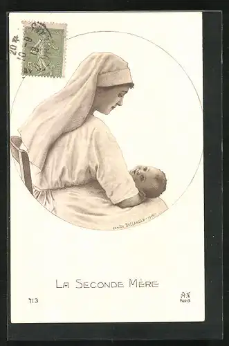 AK La Seconde Mère, Hebamme mit Neugeborenen
