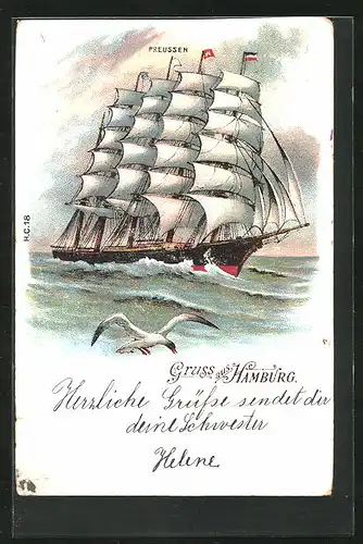 Lithographie Fünfmast-Vollschiff Preussen, Möwe