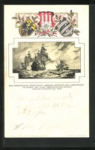 Passepartout-Lithographie Hamburgisches Convoyschiff Kaiser Leopold, Stadtwappen