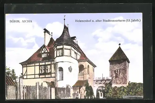 AK Böhm. Aicha, Helenenhof und alter Stadtmauerturm