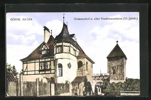 AK Böhm. Aicha, Helenenhof und alter Stadtmauerturm