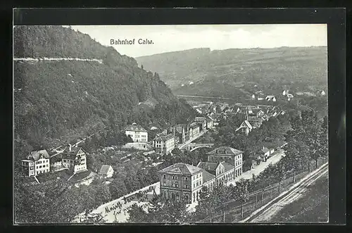 AK Calw, Bahnhof mit Blick auf Stadt
