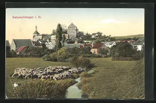 AK Katzenelnbogen i. N., Schafe auf der Weide vor der Stadt