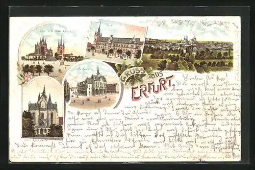 Lithographie Erfurt, Dom und St. Severikirche, Rathaus