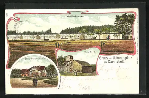 Lithographie Darmstadt, Übungsplatz, Offizier Frühstückslokal, Wellblechhausen, Göpel Nord