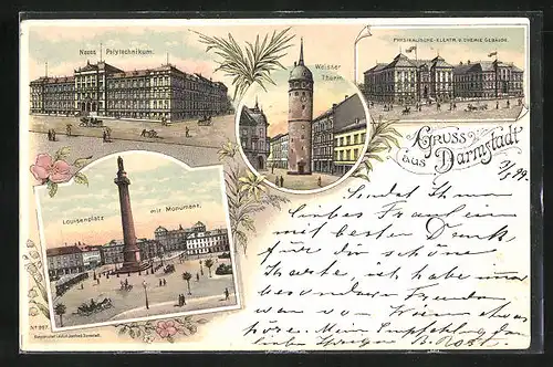 Lithographie Darmstadt, Neues Polytechnikum, Weisser Turm, Louisenplatz mit Monument