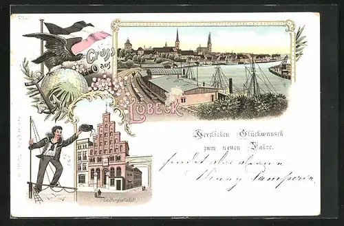 Lithographie Lübeck, Teilansicht, Schiffergesellschaft
