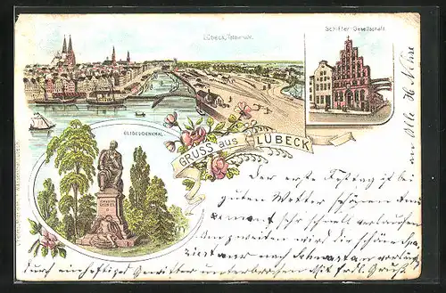 Lithographie Lübeck, Totalansicht, Schiffer-Gesellschaft, Leibel-Denkmal
