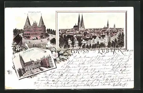 Lithographie Lübeck, Teilansicht, Holstentor, Marktplatz