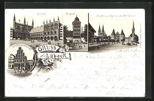 Lithographie Lübeck, Schiffergesellschaft, Rathaus, Burgtor