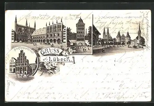 Lithographie Lübeck, Schiffergesellschaft, Rathaus, Burgtor