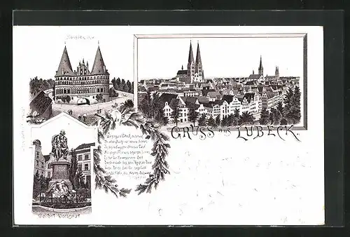 Vorläufer-Lithographie Lübeck, 1895, Teilansicht, Holstentor, Geibel-Denkmal