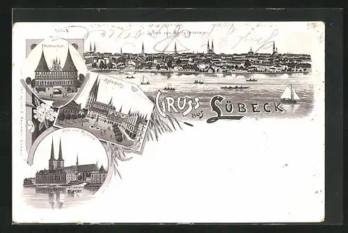 Lithographie Lübeck, Holstentor, Marktplatz, Dom und Museum