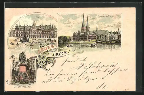 Lithographie Lübeck, Museum und Dom, Post, Geibel-Denkmal