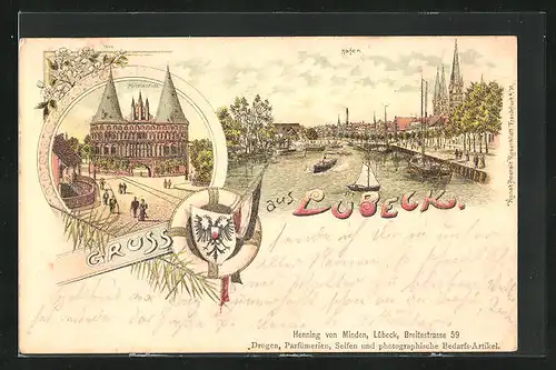 Lithographie Lübeck, Holstentor, Hafen