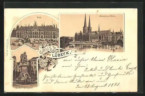 Lithographie Lübeck, Museum und Dom, Post, Geibel-Denkmal