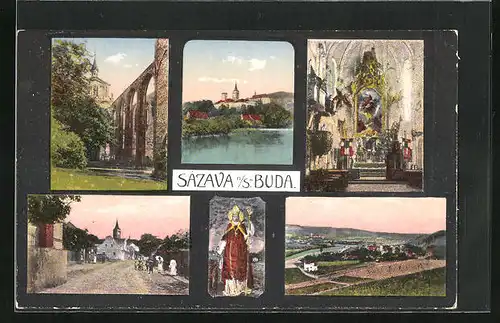 AK Sazava n/S., Strassenpartie, Kirche, Inneres der Kirche
