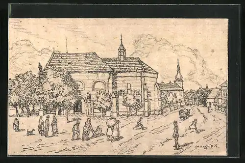 Künstler-AK Kostelec n/Lab., Namesti