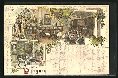 Lithographie Lübeck, Restaurant Wintergarten mit Gästen
