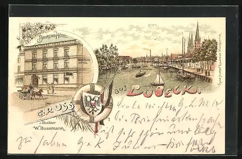 Lithographie Lübeck, Behrens Hotel, Wappen, Flusspartie