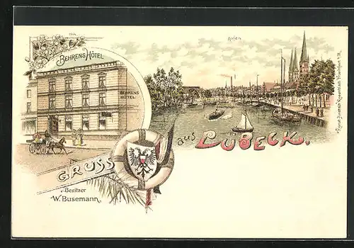 Lithographie Lübeck, Behrens Hotel, Kutsche, Wappen