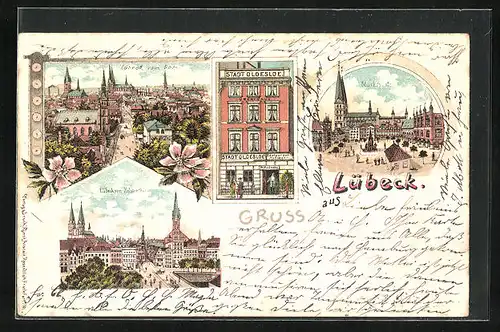 Lithographie Lübeck, Marktplatz, Blick auf Stadt vom Dom aus