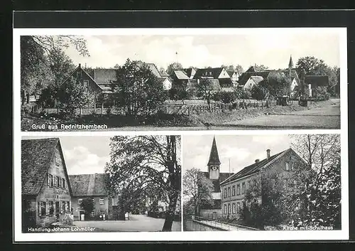 AK Rednitzhembach, Kirche mit Schulhaus, Handlung Johann Lohmüller