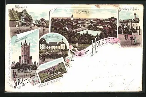 Lithographie Hohwacht, Hessenstein, Schloss Panker, Viaduct bei Lütjenburg