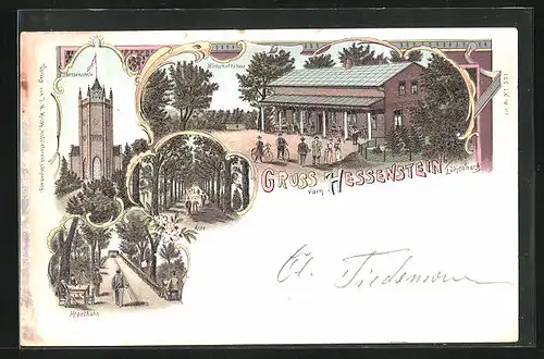 Lithographie Hessenstein, Gasthaus Hessenstein, Kegelbahn, Allee