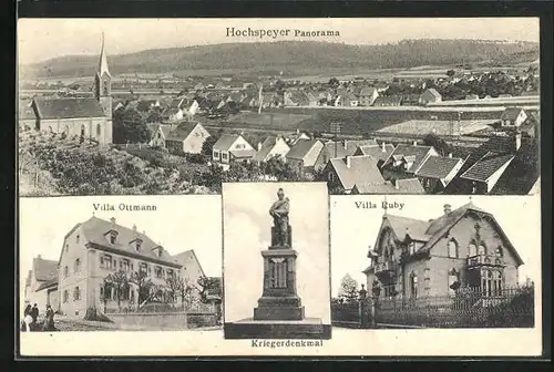 AK Hochspeyer, Hotels Villa Ruby und Ottmann, Kriegerdenkmal, Panorama