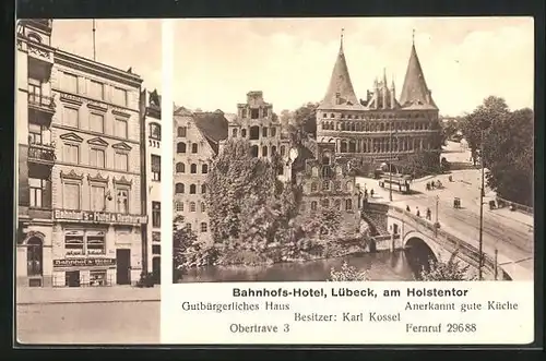 AK Lübeck, Bahnhofs-Hotel, Obertrave 3, Holstentor