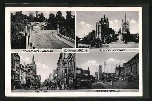 AK Erfurt, Der Anger mit Geschäften, Aufgang zum Stadtpark, Dom mit Severikirche