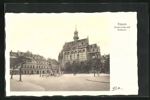 AK Erfurt, Fischmarkt mit Geschäft und Rathaus